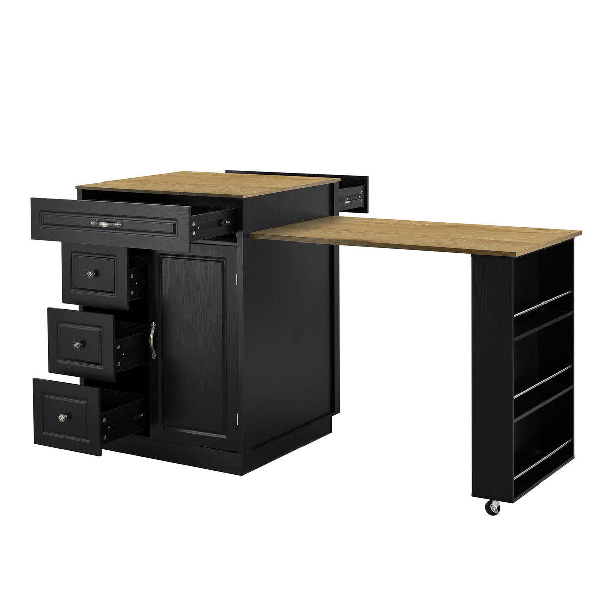 variant-group:rf-n711wy000493aab|Roomfitters Black and Natural Wood MDF Extendable Bar Cabinet, Rolling Kitchen Island Table, Wine Rack Storage