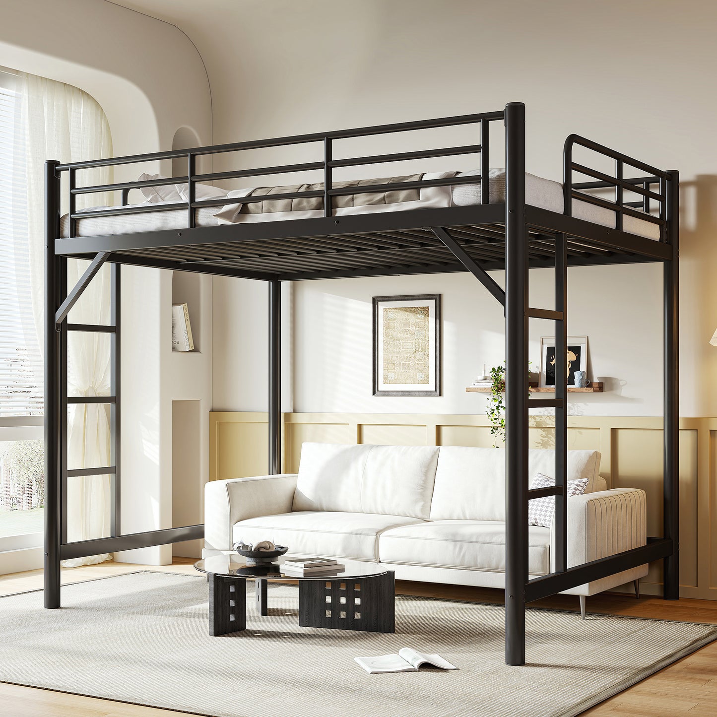 variant-group:rf-w1580p455017|Roomfitters Queen Size Metal Loft Bed Frame with Guardrails, Heavy Duty Space Saving High Loft Bed Dual Ladders, Black
