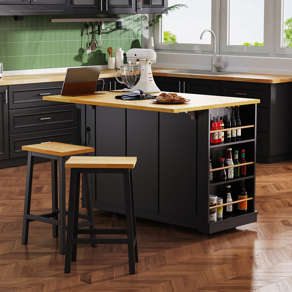 variant-group:rf-n707s003007b|Roomfitters 53" Kitchen Island with 2 Bar Stools, Drop Leaf, Power Outlet, Rolling Kitchen Cart Set with Storage, Black