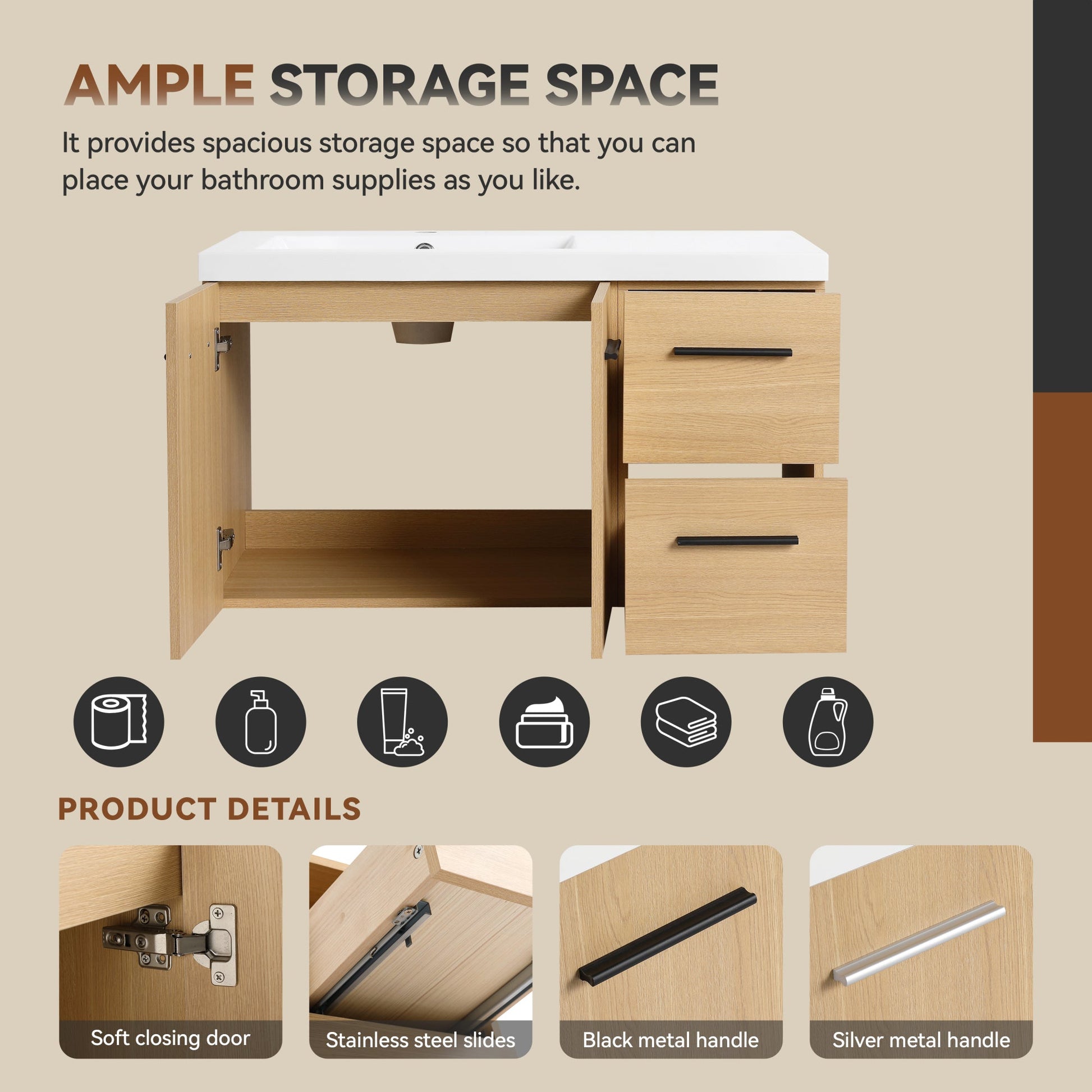 36" Wall-Mounted Floating Bathroom Vanity with Sink, Light Oak, 2-Door & 2-Drawer Modular Cabinet, Gel Coat Sink Top, 3 Boxes Roomfitters
