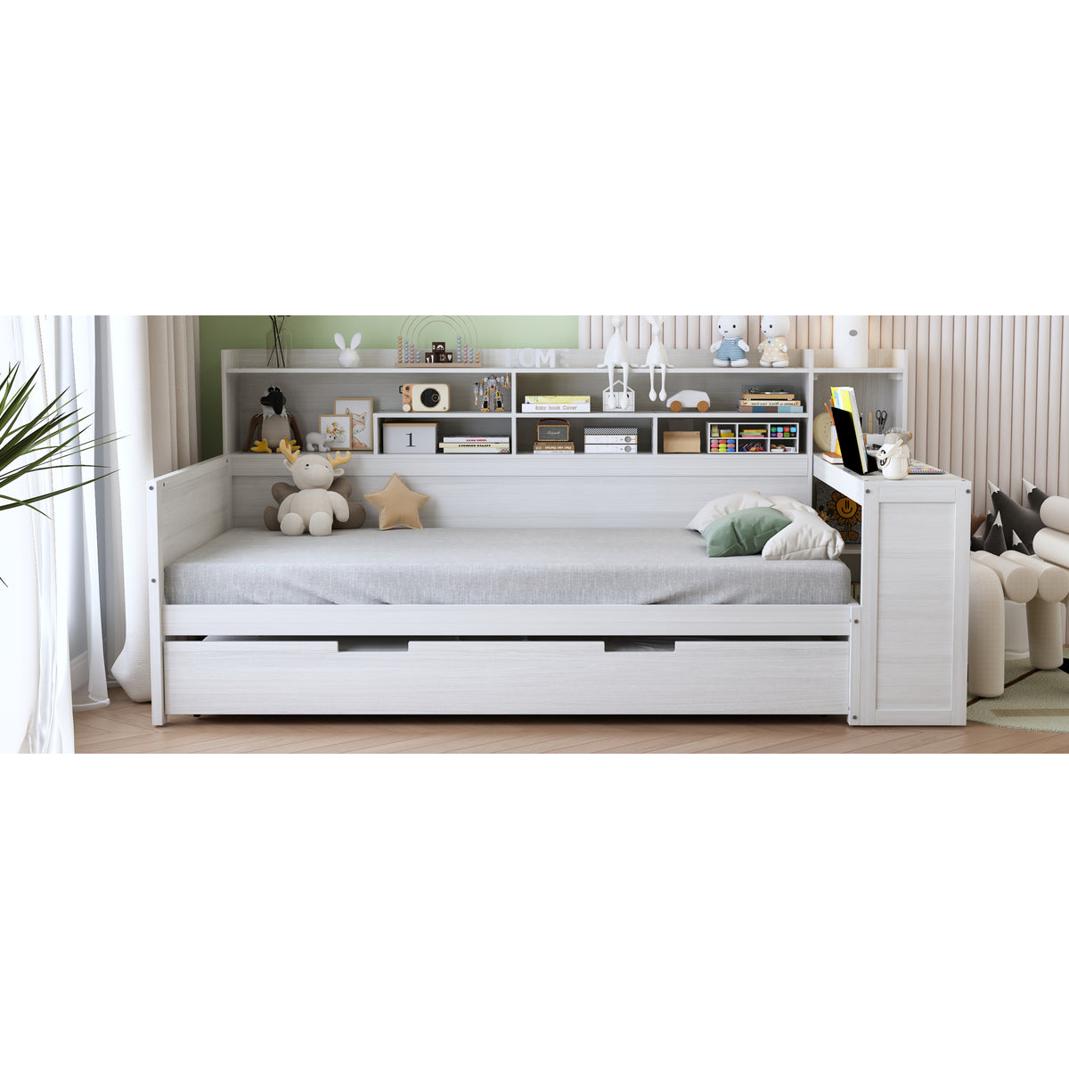 variant-group:rf-n733s373389k|Roomfitters Twin Daybed with Trundle, Storage Shelves and Desk, Wooden Multi-Functional Bed, Antique White