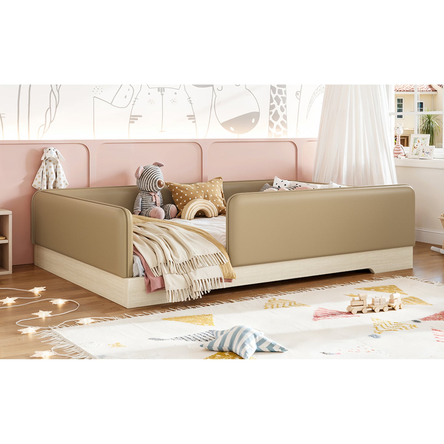 variant-group:rf-w1580s00670|Roomfitters Full Size Upholstered Floor Bed Frame with Removable Guardrails, Faux Leather Low Profile Platform, Brown