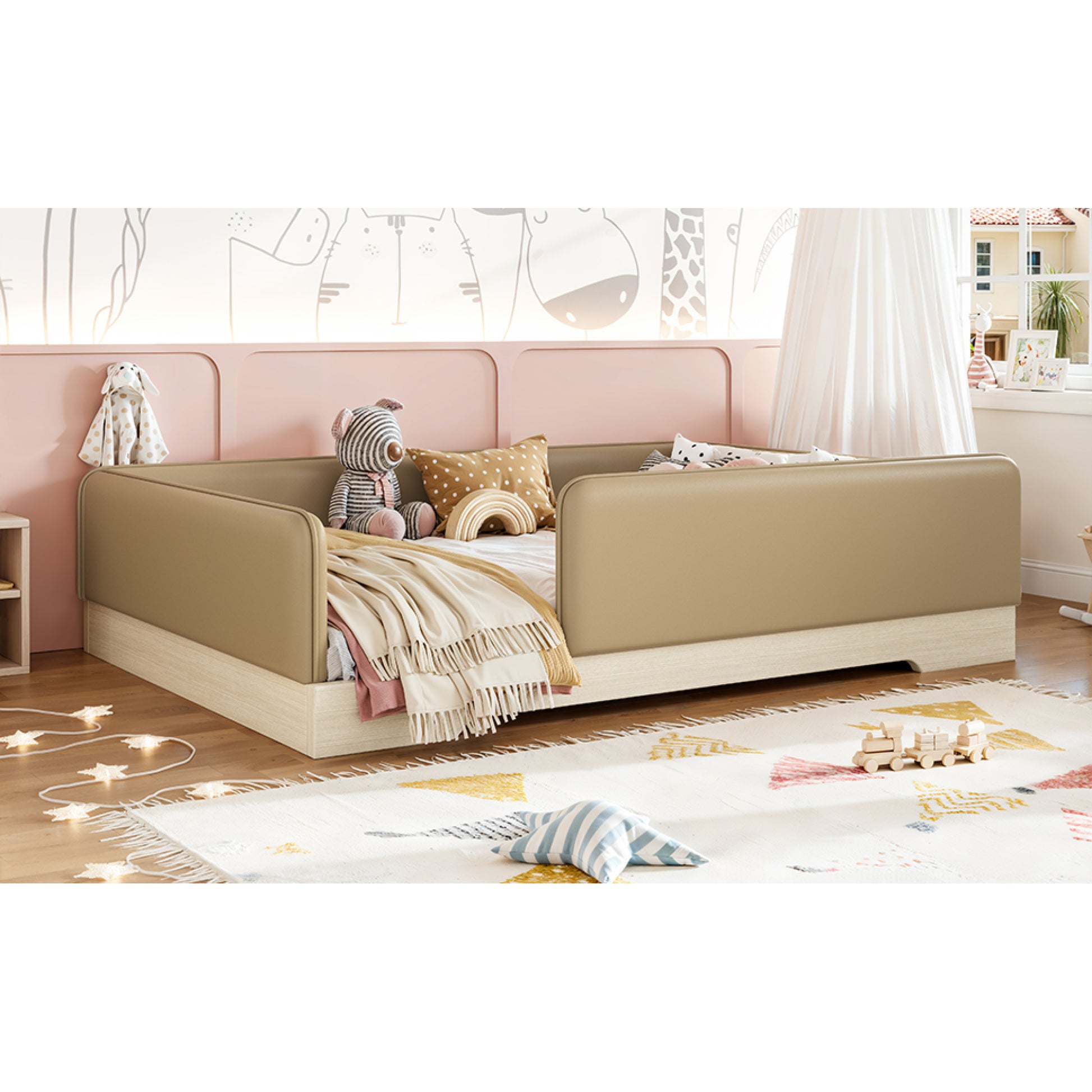 variant-group:rf-w1580s00670|Roomfitters Full Size Upholstered Floor Bed Frame with Removable Guardrails, Faux Leather Low Profile Platform, Brown