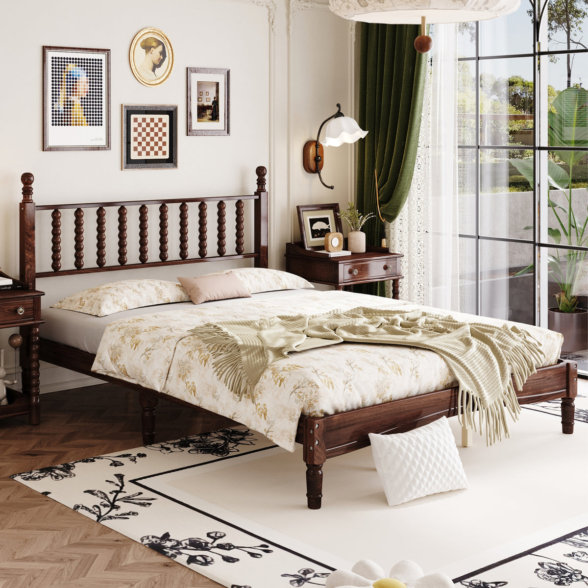 variant-group:rf-n733p206242d|Roomfitters Queen Size Wood Platform Bed with Gourd Shaped Headboard, Retro Style Platform Bed with Wooden Slat Support, Walnut