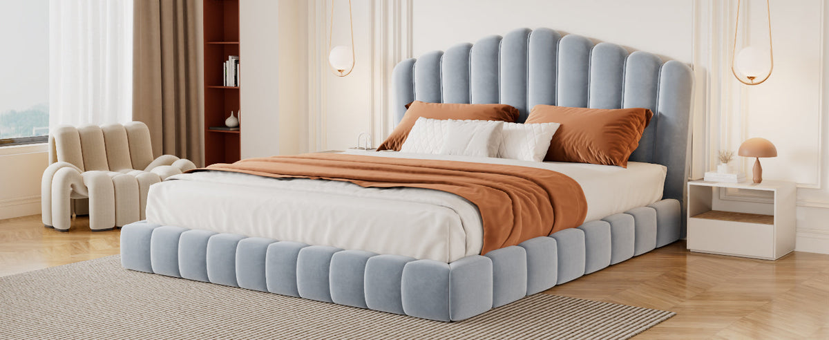 Roomfitters Queen Size Shell-Shaped Velvet Upholstered Platform Bed, Channel Tufted Headboard, No Box Spring Needed, Light Blue Roomfitters