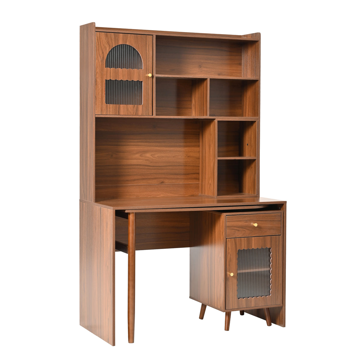 variant-group:rf-n733s363716d|Roomfitters Rotating L-Shaped Computer Desk with Shelves and Storage, 90° Swivel Office Writing Desk, Walnut