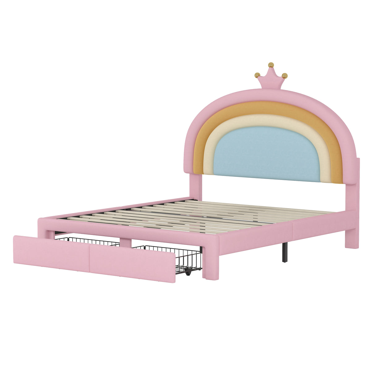 variant-group:rf-n733p234609h|Roomfitters Full Size Upholstered Rainbow Design Bed, Velvet Princess Platform Bed with Storage Drawer, No Box-spring Needed, Colorful & Pink