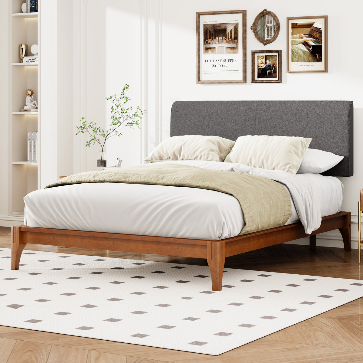 Roomfitters Full Bamboo Wood Platform Bed Frame with 12 Inch Height and Curved Upholstered Headboard, Gray Roomfitters