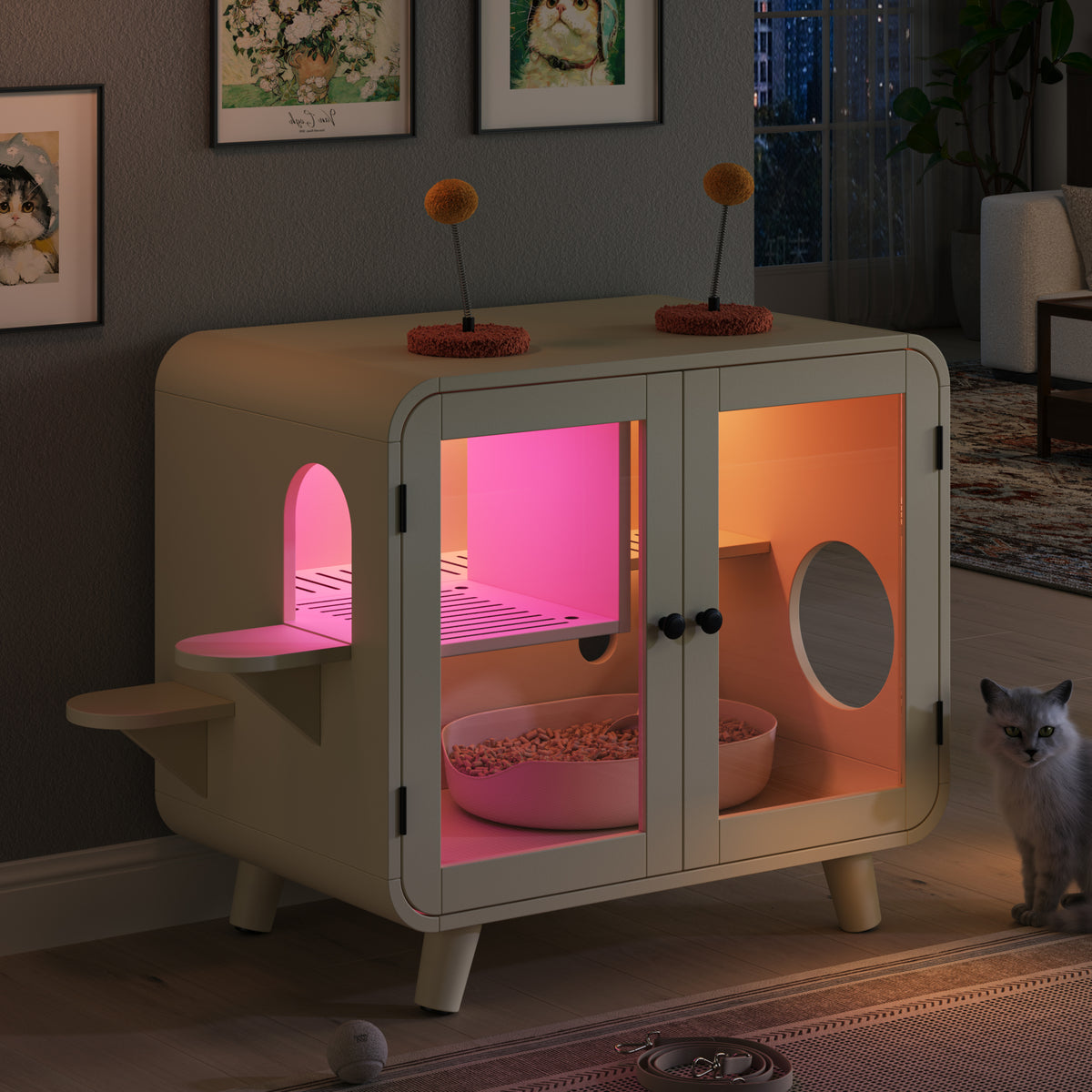 variant-group:rf-n704p419240a|Roomfitters Retro TV-Style Hidden Cat Litter Box Enclosure with App Controlled RGB LED Lights and Stairs Beige