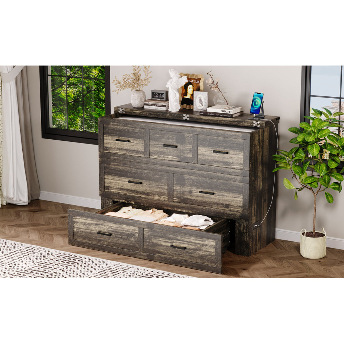 Roomfitters Queen Size Murphy Bed Cabinet with Charging Station, Foldable Platform Bed with Storage Drawer, Rustic Gray