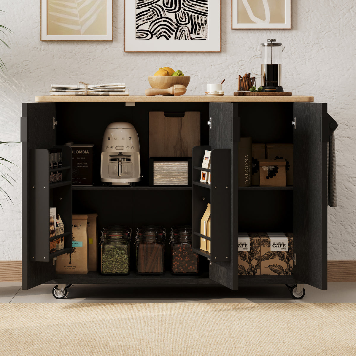 variant-group:rf-n707p221446b|Roomfitters 51" Fluted Kitchen Island with Drop Leaf, Rolling Cart with Storage Rack, Farmhouse Style, Towel Rack, Black