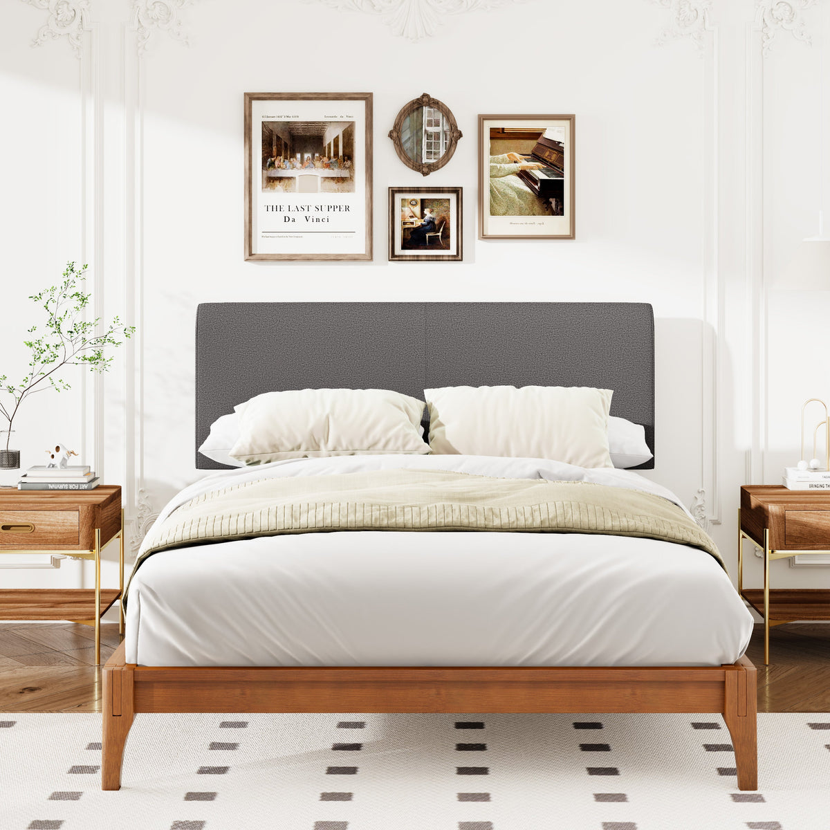 Roomfitters Full Bamboo Wood Platform Bed Frame with 12 Inch Height and Curved Upholstered Headboard, Gray Roomfitters