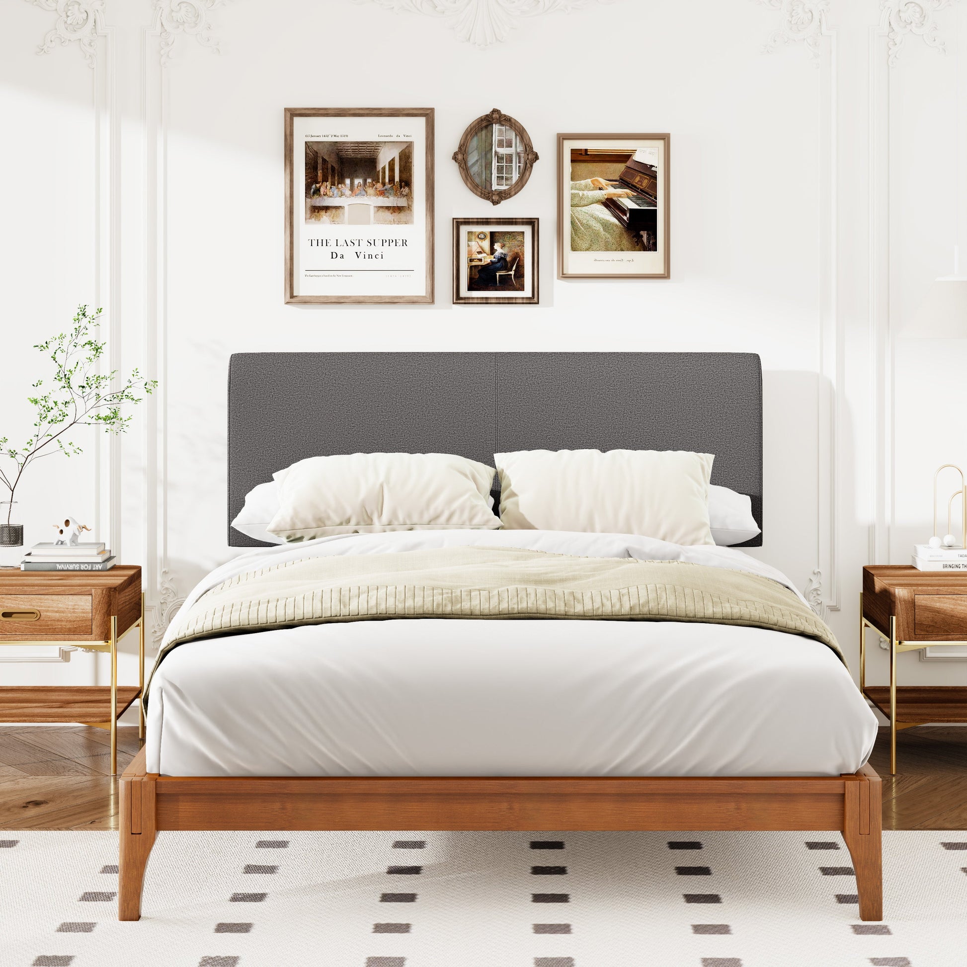 Roomfitters Full Bamboo Wood Platform Bed Frame with 12 Inch Height and Curved Upholstered Headboard, Gray Roomfitters