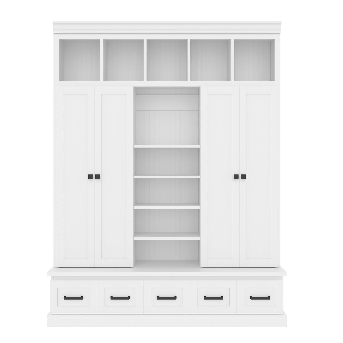 variant-group:rf-n724sj000139aak|Roomfitters 78.7" Hall Tree with Bench, 5 Cubbies, 4 Doors, 5 Drawers, Adjustable Shelves, White