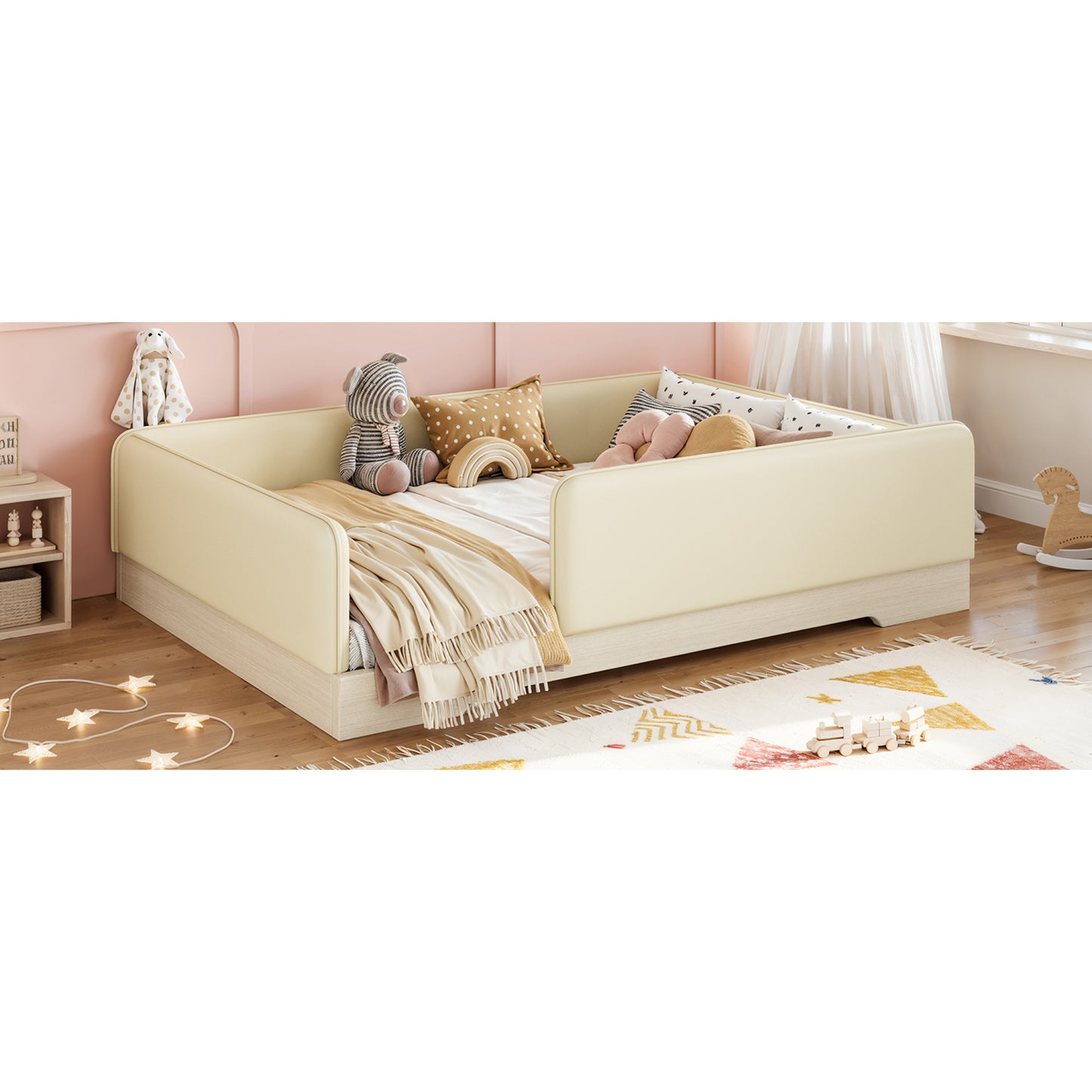 variant-group:rf-w1580s00671|Roomfitters Full Size Upholstered Floor Bed Frame with Removable Guardrails, Faux Leather Low Profile Platform, Beige
