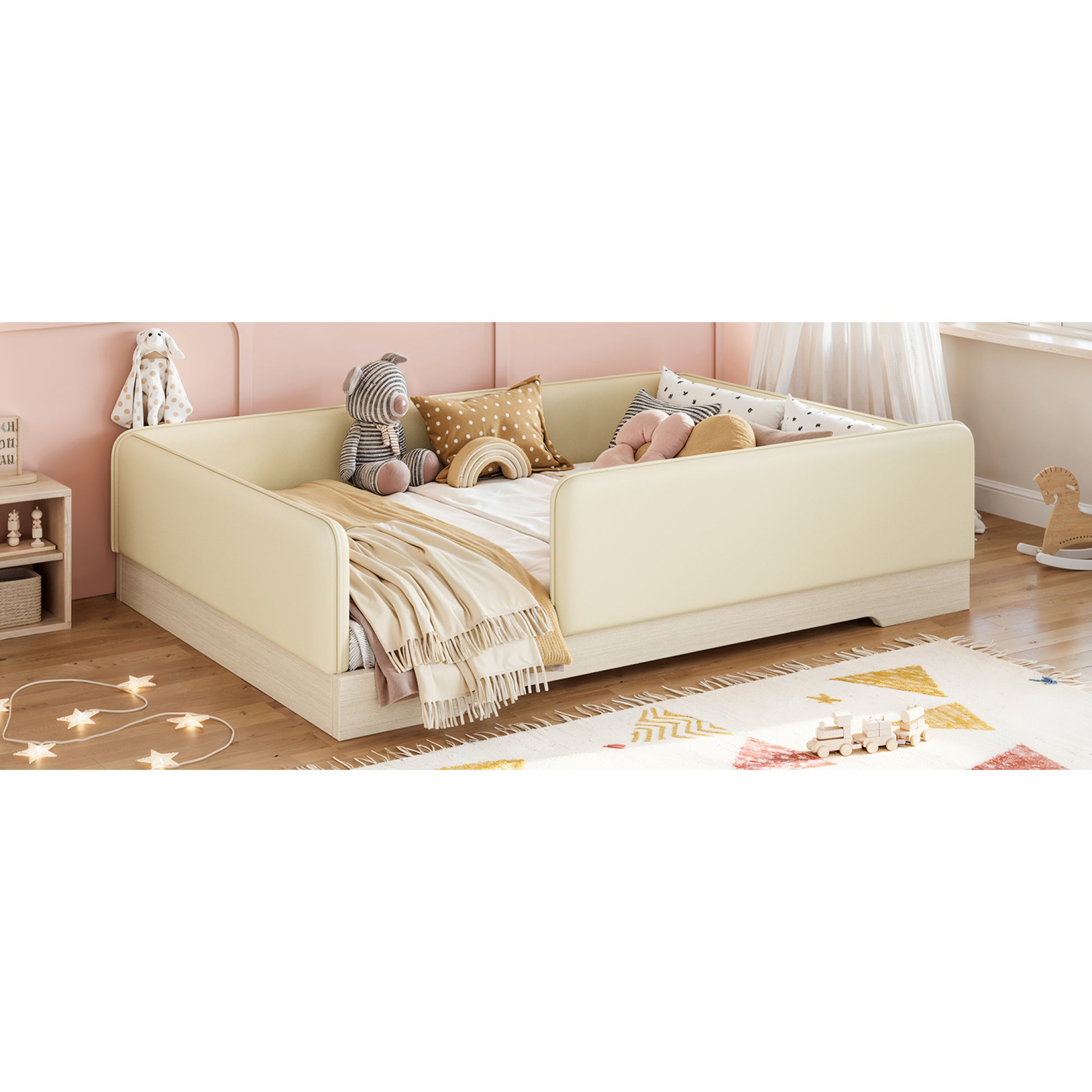 variant-group:rf-w1580s00671|Roomfitters Full Size Upholstered Floor Bed Frame with Removable Guardrails, Faux Leather Low Profile Platform, Beige
