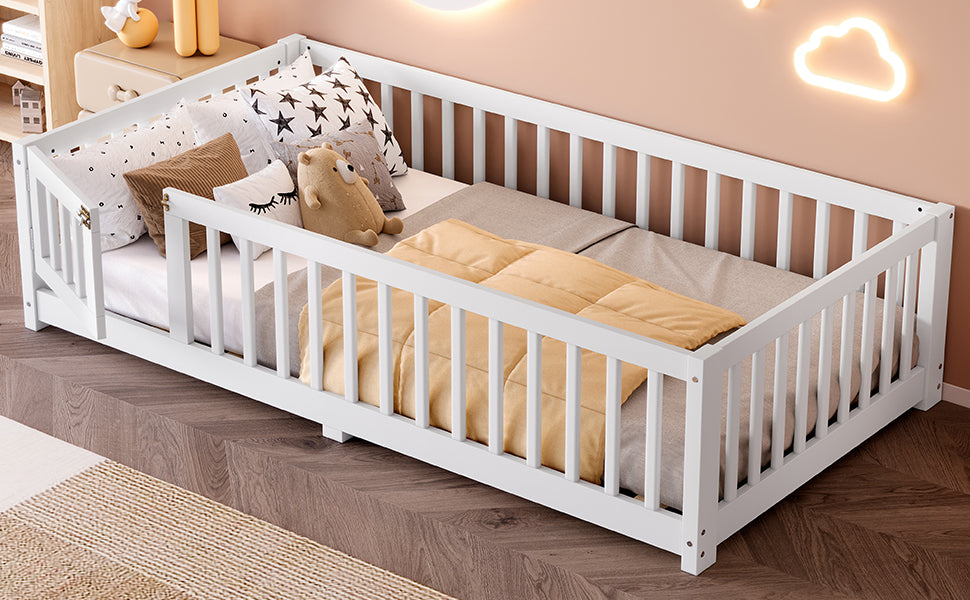 variant-group:rf-w1580p338944|Roomfitters Wooden Twin Floor Bed Frame with Door & Safety Guardrails, Low Platform Design for Bedroom or Playroom, White