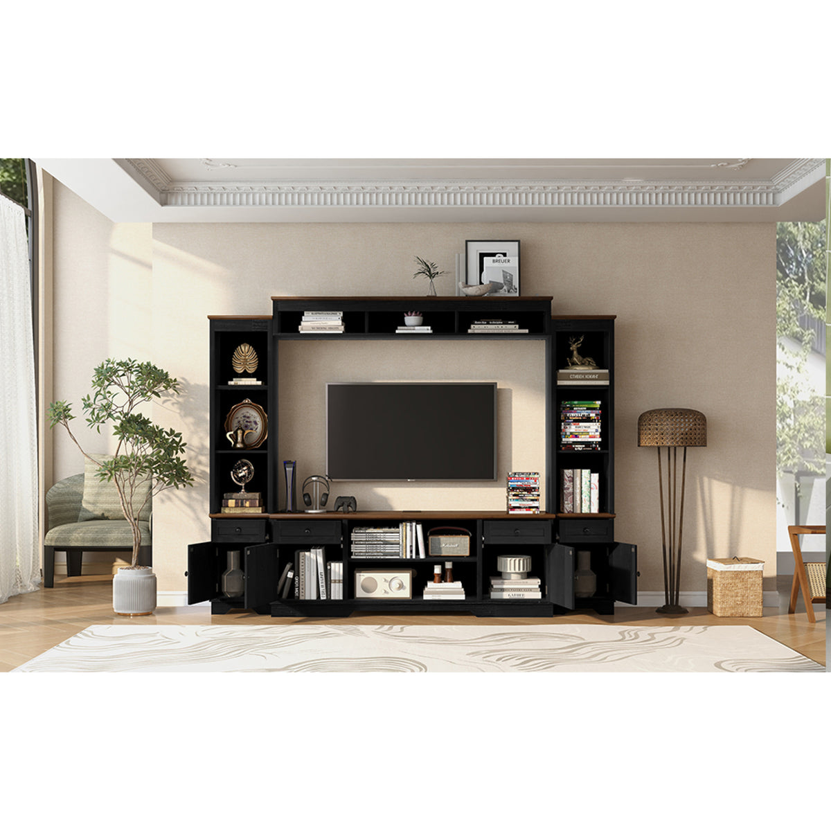 variant-group:rf-n724sj000154aab|Roomfitters 98.8"W Farmhouse Wall Unit Entertainment Center, 4 Barn Doors, Black & Brown