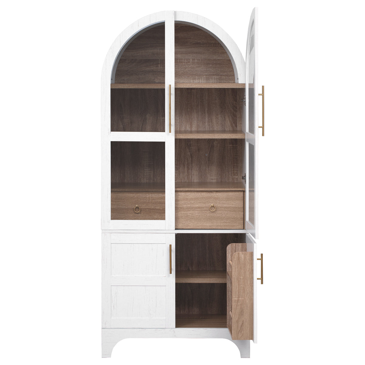 variant-group:rf-n707s288969w|Roomfitters 71" Pantry Cabinet with Arched Top & Glass Doors, 4-Door Storage Hutch with Adjustable Shelves for Kitchen, White