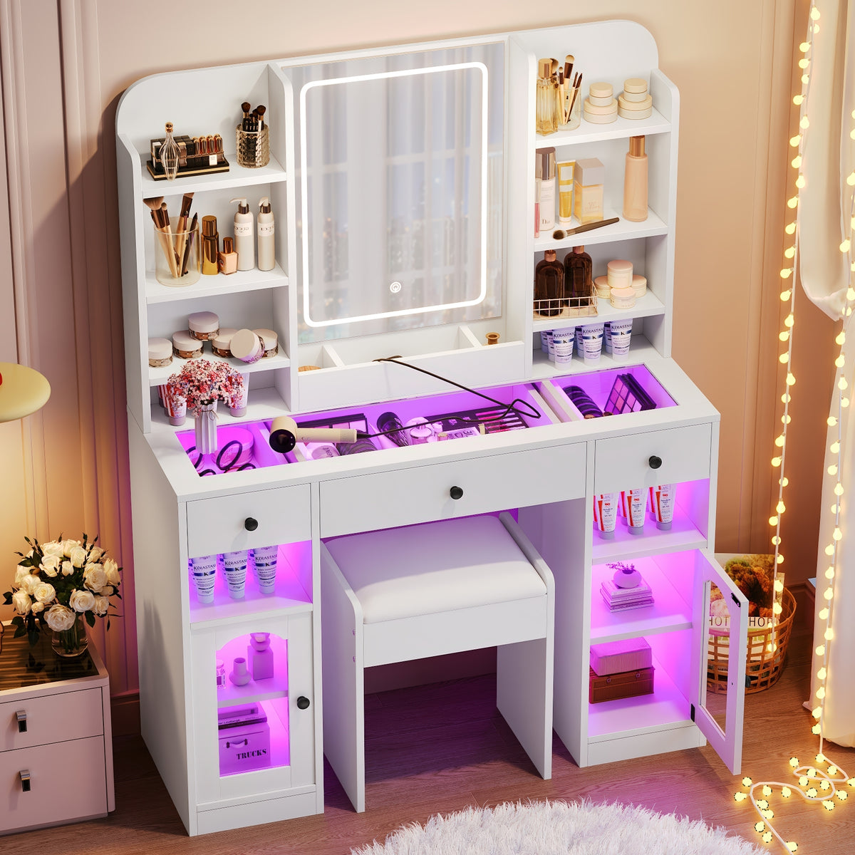 variant-group:rf-n704p407114k|Roomfitters 43.2" Makeup Vanity Desk with LED Lighted Mirror, Glass Door Cabinets, Charging Station and Stool, White