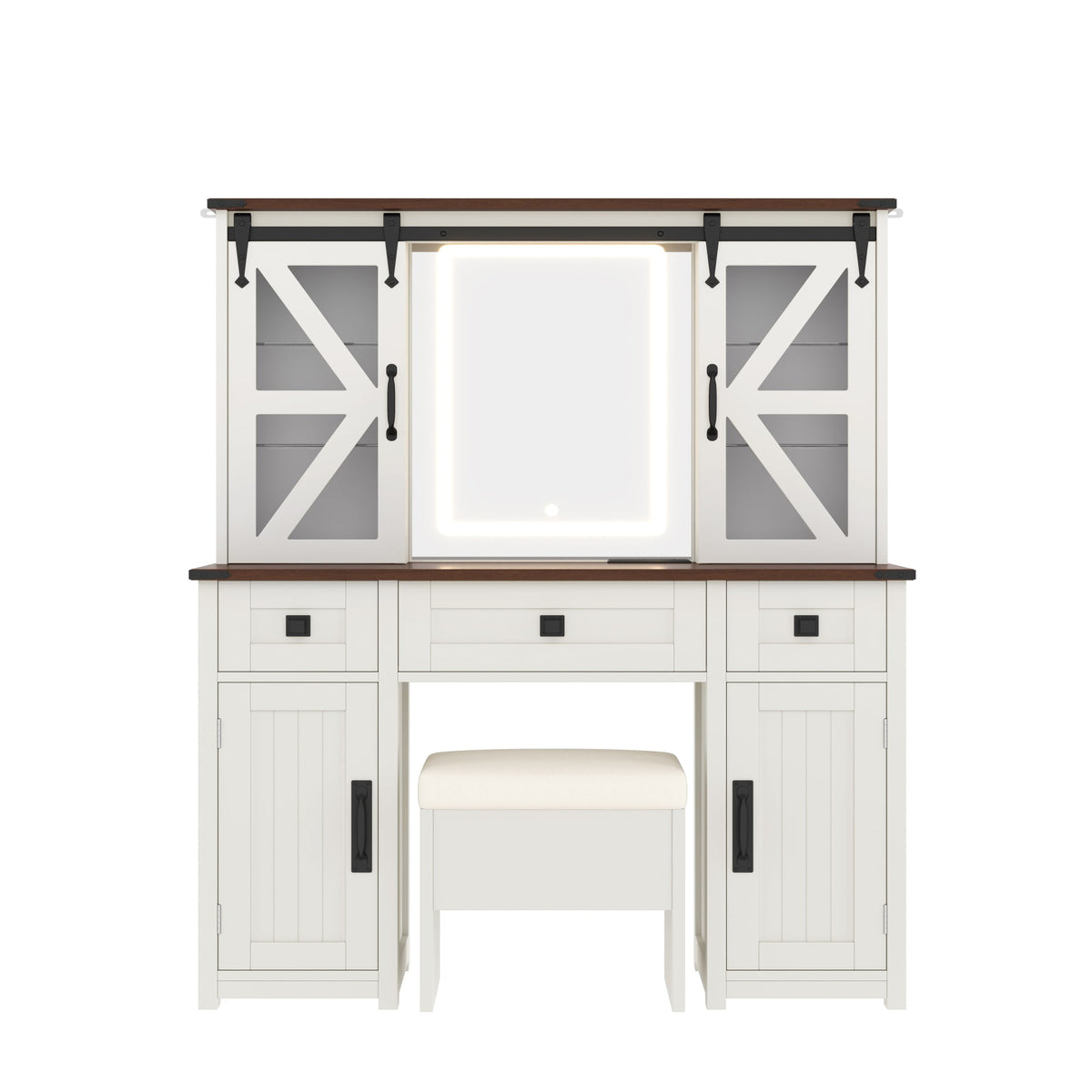 Roomfitters Farmhouse Makeup Vanity Desk with Lighted Mirror, Vanity Table Set with Storage Stool, Charging Station, Beige Roomfitters