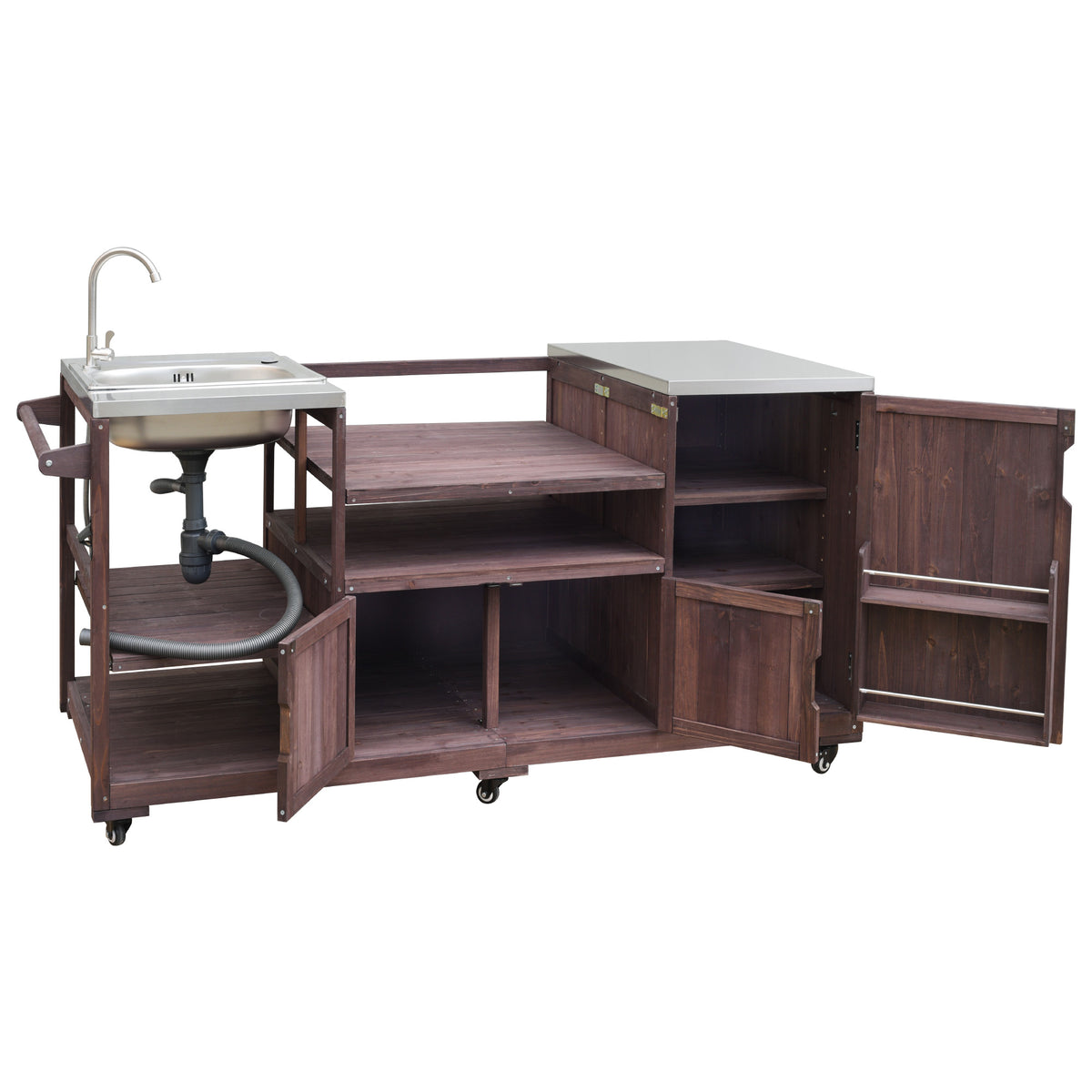 variant-group:rf-n707s000022z|Roomfitters 75.4" Outdoor Kitchen Island with Sink, Fir Wood Grill Cart for XL Green Egg & Tabletop Grills, Brown