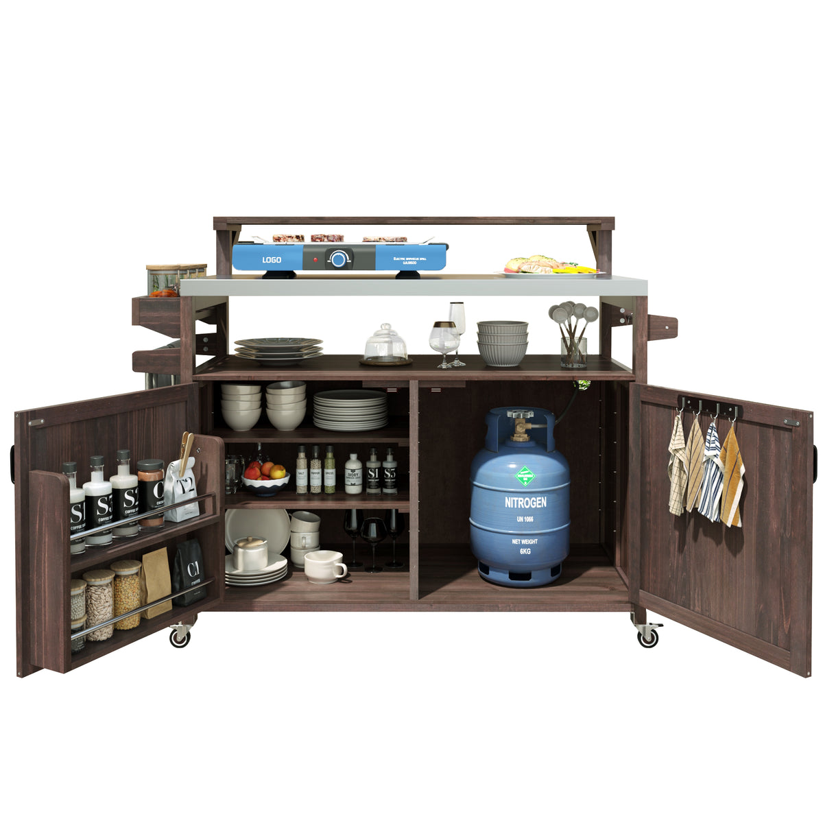 variant-group:rf-n707p250628z|Roomfitters 53.3" Outdoor Kitchen Island with Raised Shelf, Wood Storage Cabinet, Stainless Steel Top, Rolling Grill Cart, Brown