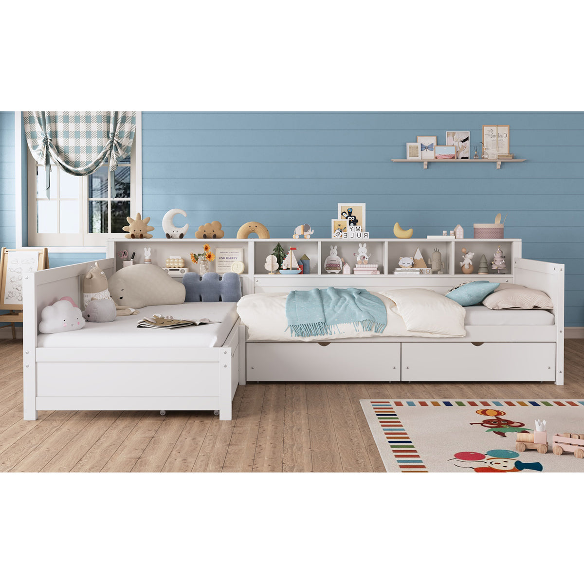 variant-group:rf-n733s369272k|Roomfitters Twin L-Shaped Daybed for 2 with 3 Storage Drawers, Wooden Corner Bed Frame with Bookshelf for Bedroom, White