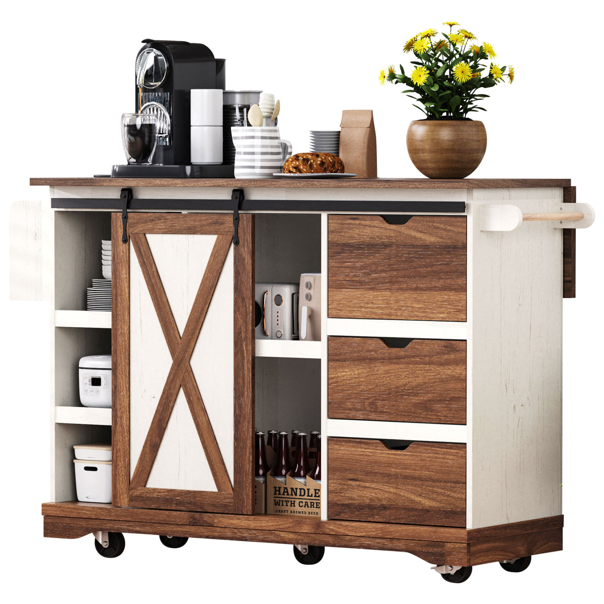 variant-group:rf-n707p288229w|Roomfitters 55.5" Rolling Kitchen Island with Drop Leaf, Mobile Kitchen Storage Cart with Sliding Barn Door, Power Outlets, White