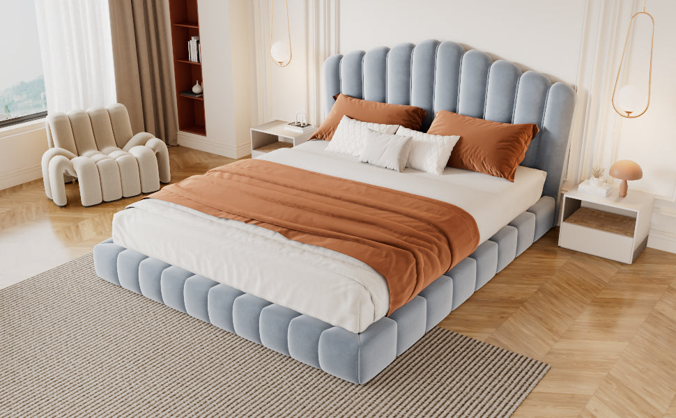 Roomfitters Queen Size Shell-Shaped Velvet Upholstered Platform Bed, Channel Tufted Headboard, No Box Spring Needed, Light Blue Roomfitters