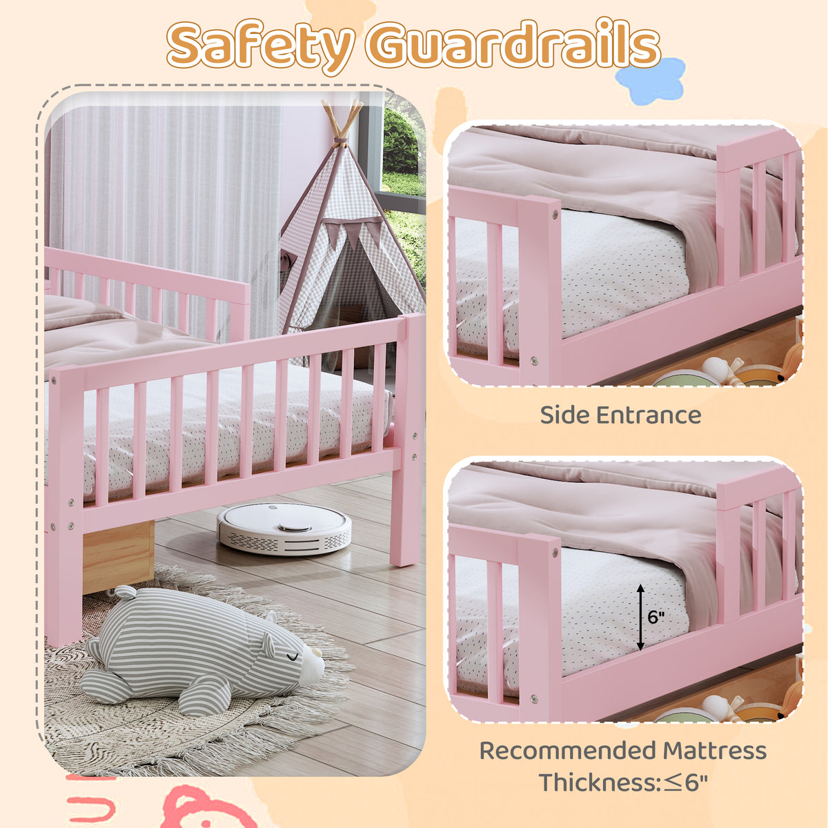 variant-group:rf-n733p272374h|Roomfitters Twin Bed with Headboard Storage Rack, Under-Bed Storage and Three-Side Guardrails, Pink