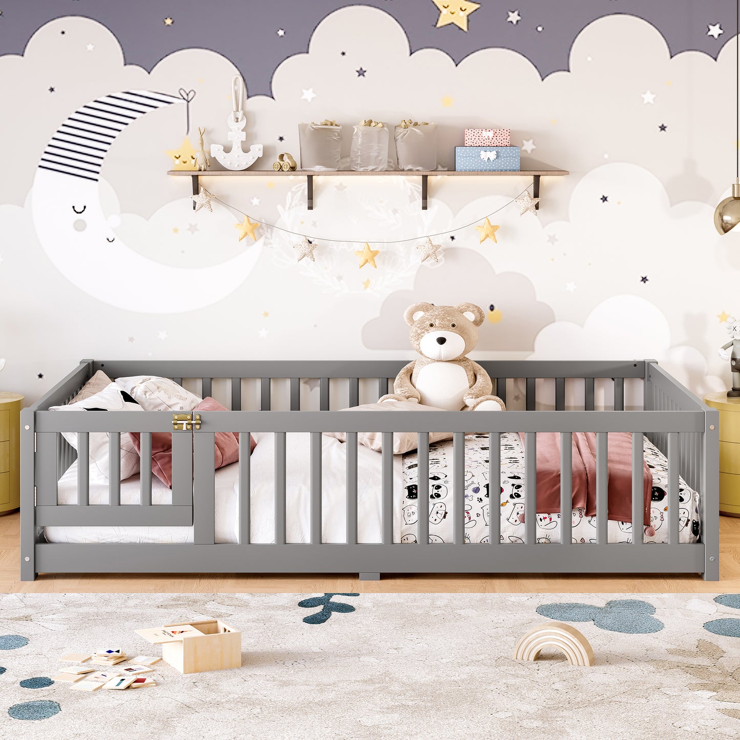 variant-group:rf-w1580p338951|Roomfitters Wooden Full Floor Bed Frame with Door & Safety Guardrails, Low Platform Design for Bedroom or Playroom, Gray