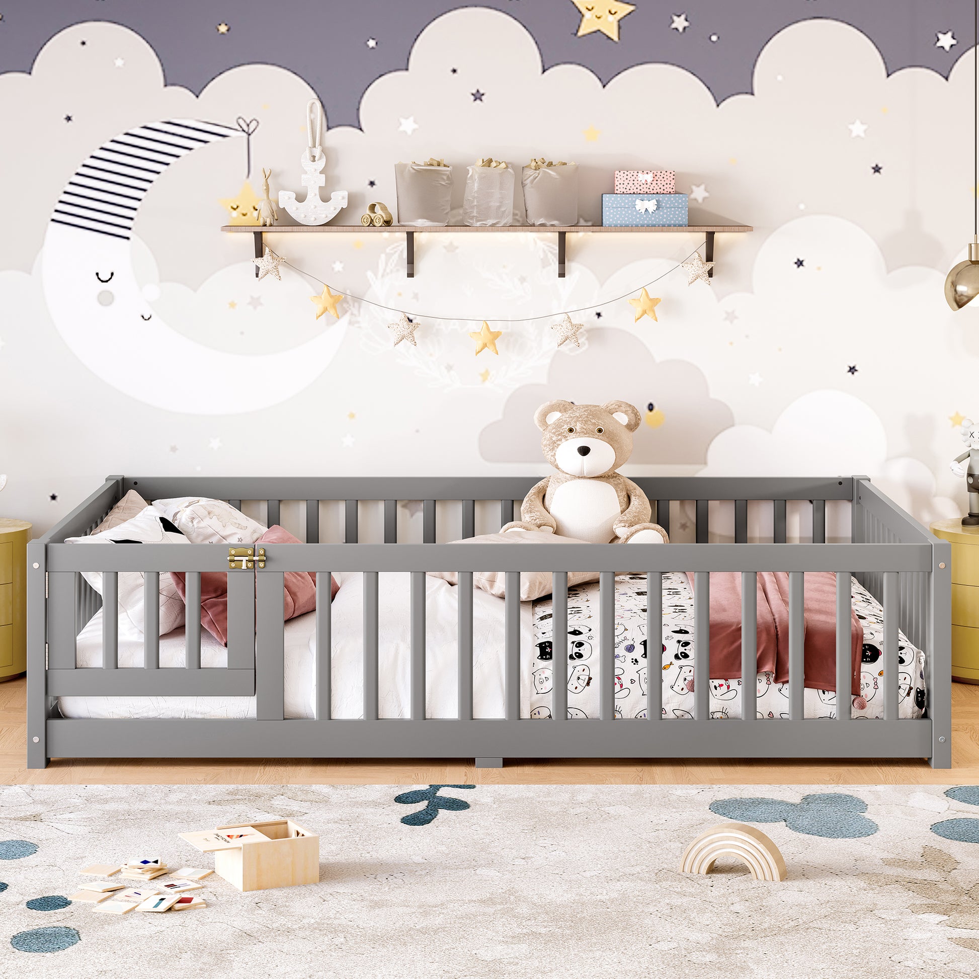 variant-group:rf-w1580p338951|Roomfitters Wooden Full Floor Bed Frame with Door & Safety Guardrails, Low Platform Design for Bedroom or Playroom, Gray