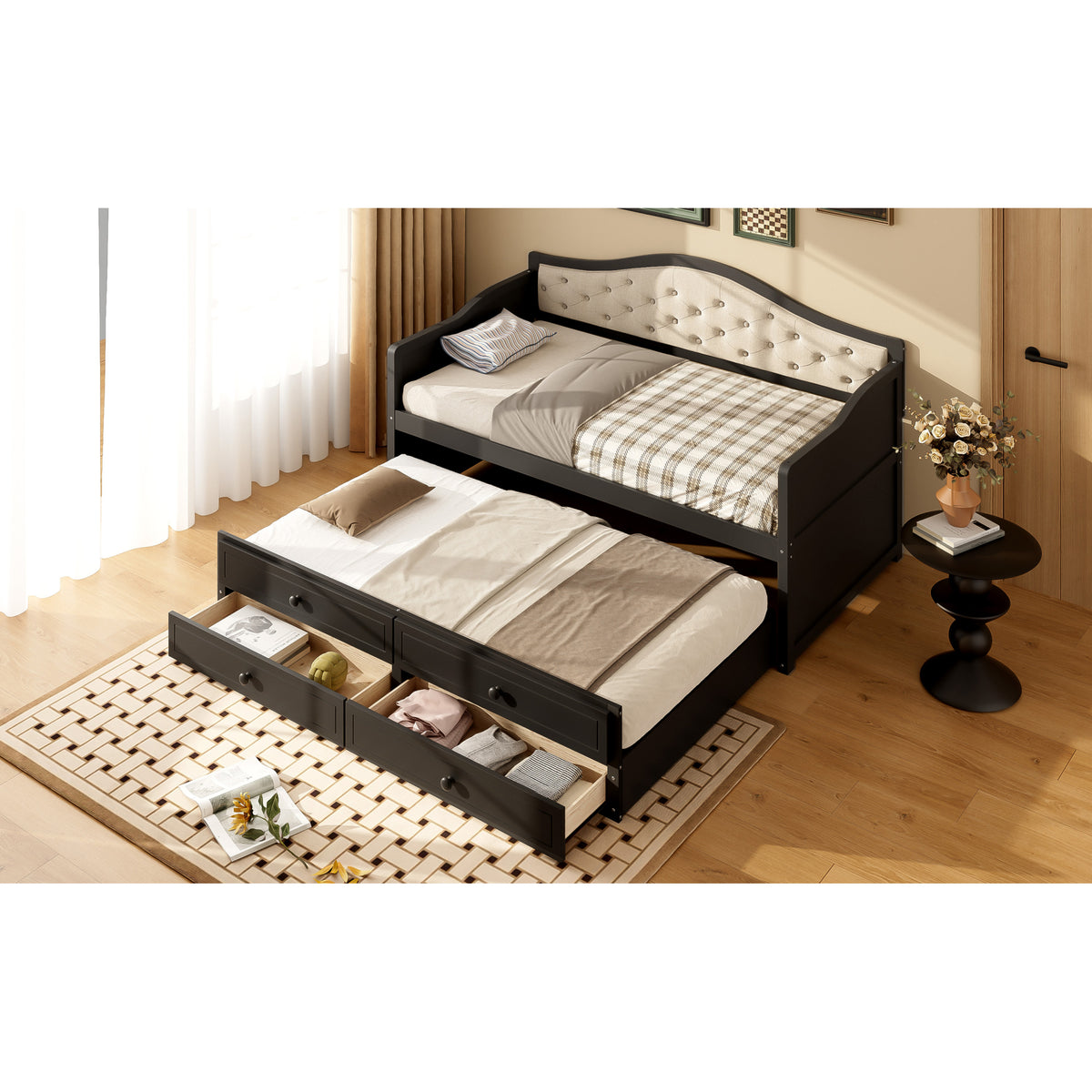 variant-group:rf-n733s346767p|Roomfitters Twin Daybed with Trundle, Wooden Sofa Bed with 2 Storage Drawers & Tufted Backrest, Black