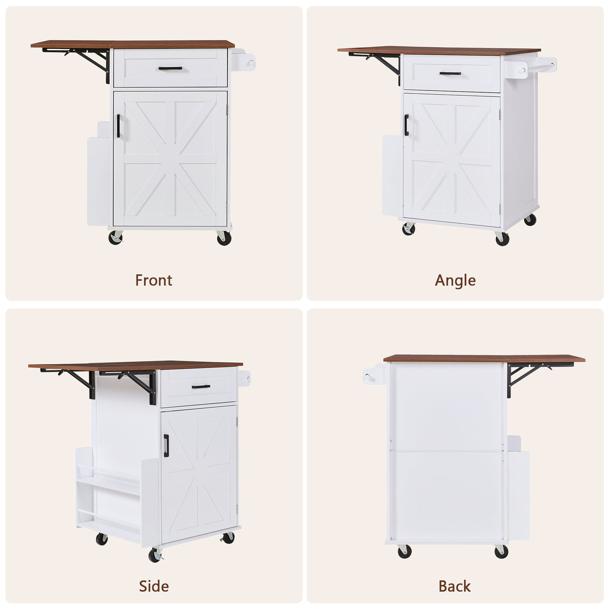variant-group:rf-n707p404539w|Roomfitters 39.3" Kitchen Island with Drop Leaf, Rolling Kitchen Cart with Storage Drawer and Spice Rack, Modern Style, White