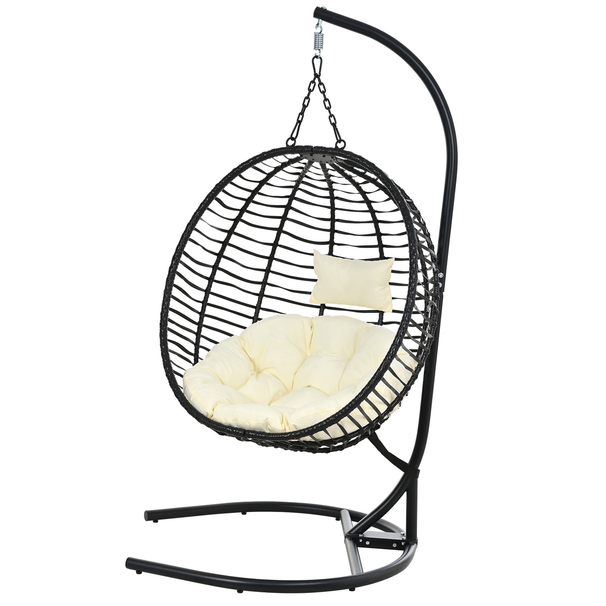 variant-group:rf-n711p389503a|Roomfitters Single Person Folding Egg Chair with Stand, UV Resistant Wicker Rattan Swing for Patio, Garden, Black+Beige