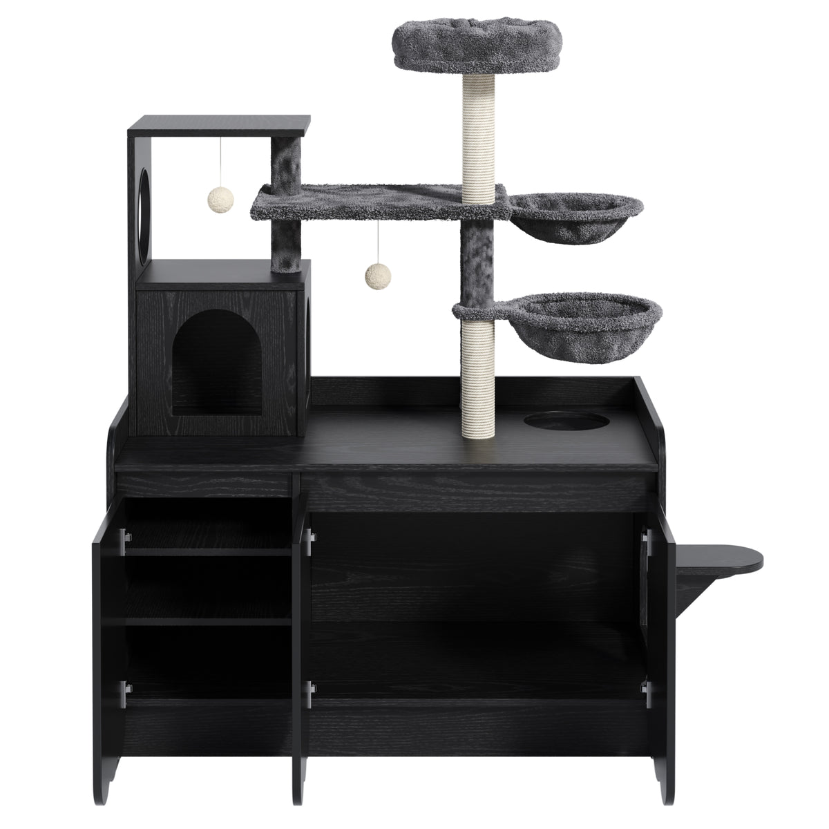 variant-group:rf-n704p443505b|Roomfitters All-in-One Modern Multi-Level Cat Tree Tower Condo with Hidden Litter Box Enclosure Space Black