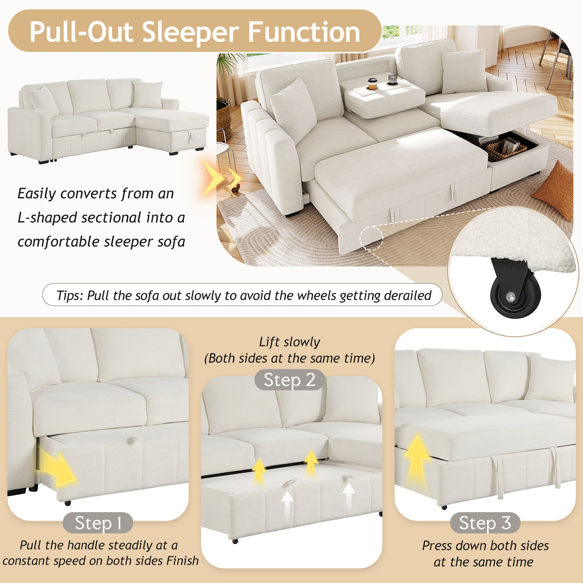 variant-group:rf-n711wy000467aaa|Roomfitters 90" L-Shaped Sectional Sleeper Sofa with Storage Chaise and Pull Out Bed, Fold Down Cup Holder Table, Beige