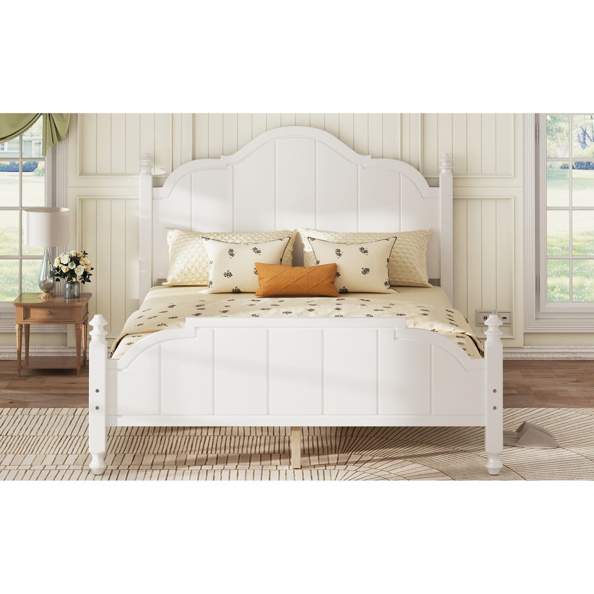 variant-group:rf-n733p360940k|Roomfitters Queen Wood Platform Bed Frame with Curved Headboard, Vintage Style Slat Support, No Box Spring Required, White