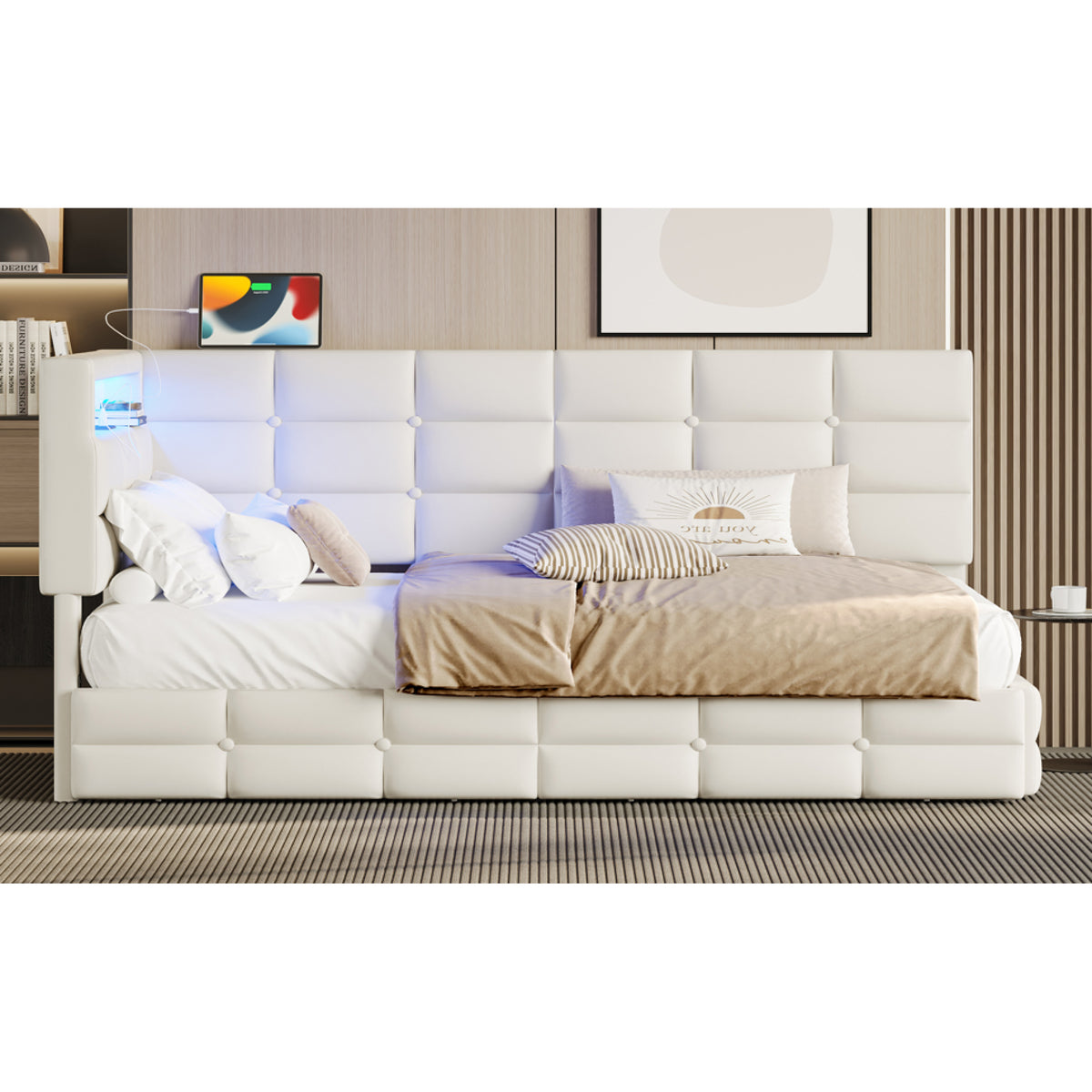 variant-group:rf-n733p285121a|Roomfitters Upholstered Twin Size Daybed with Storage Drawers and Charging Station, Bed Frame with Storage Headboard, No Box Spring Needed, Beige