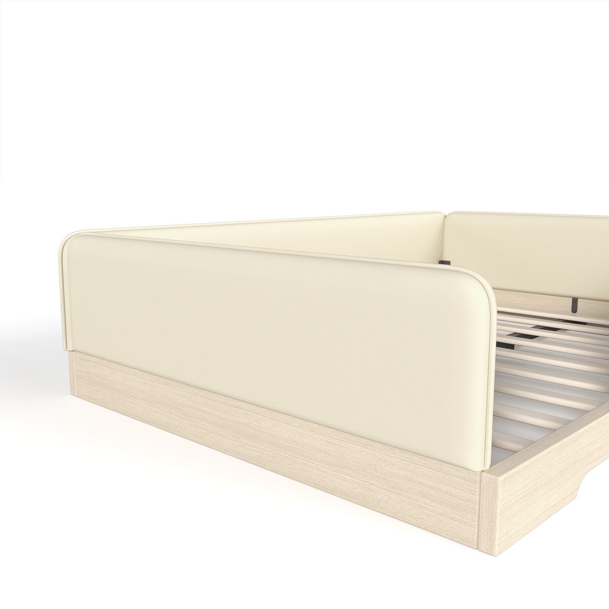 variant-group:rf-w1580s00671|Roomfitters Full Size Upholstered Floor Bed Frame with Removable Guardrails, Faux Leather Low Profile Platform, Beige