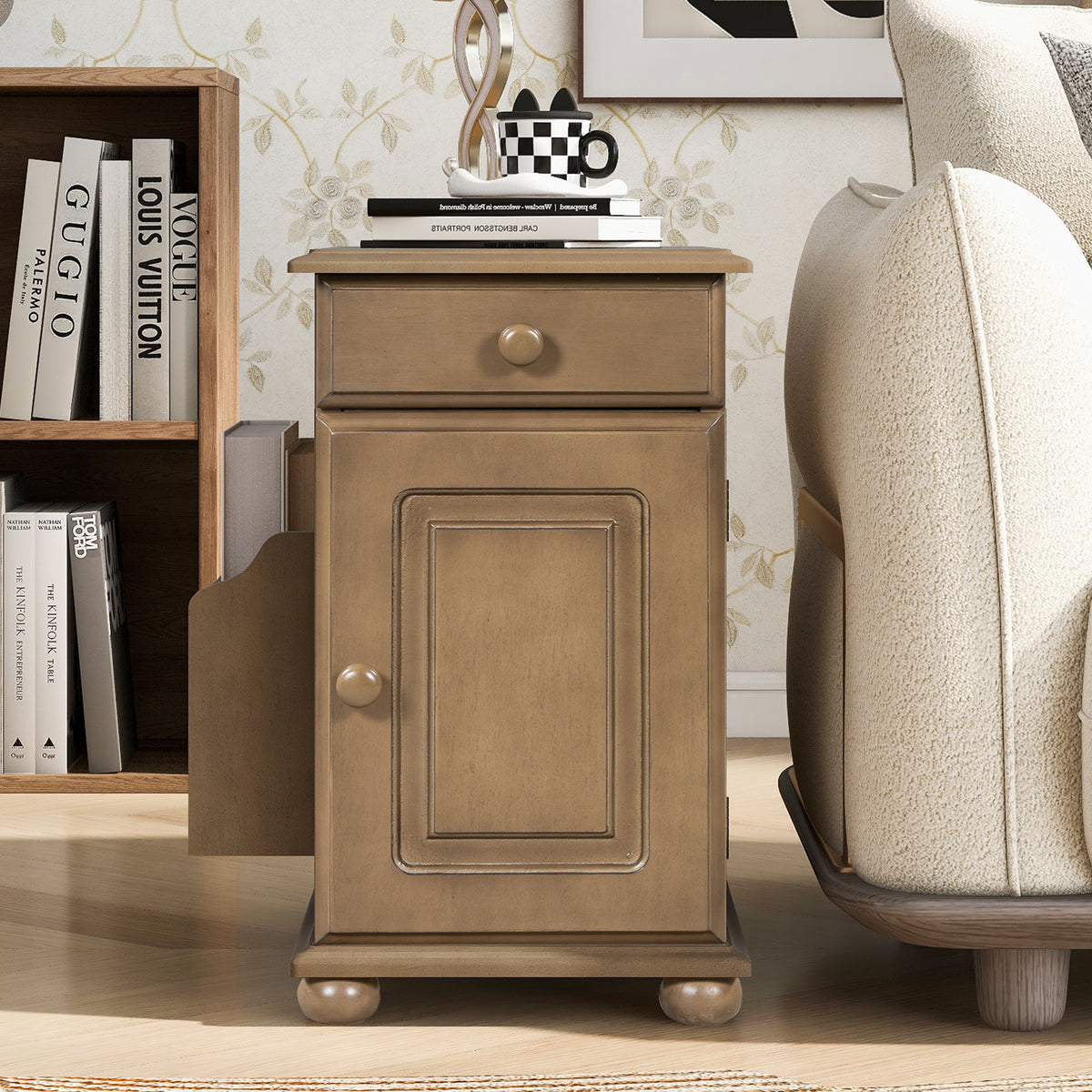 variant-group:rf-n724p293133d|Roomfitters Vintage Sofa Side Table with USB Ports, Flip Top, Cup Holders and Bookshelf Storage for Small Spaces, Brown