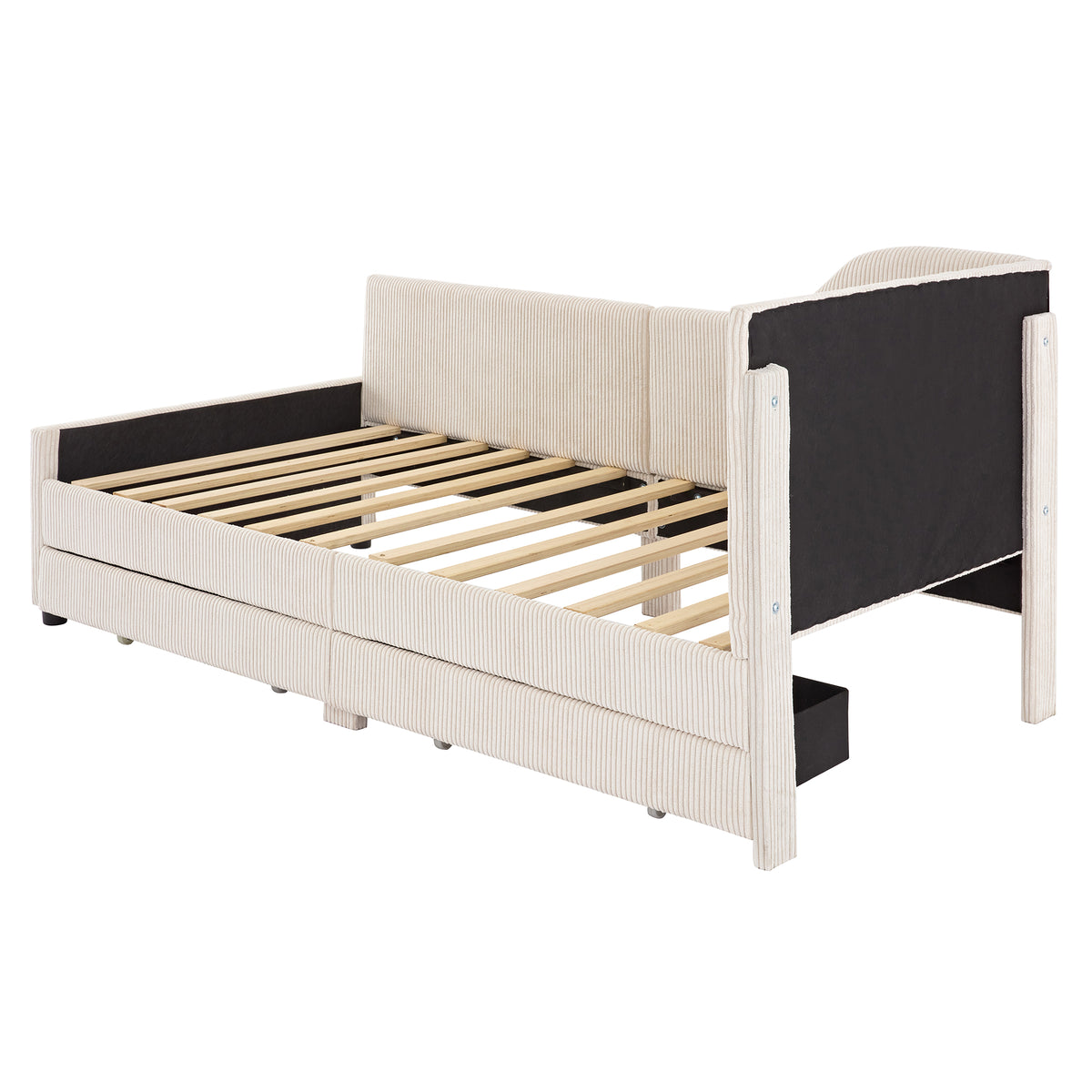 variant-group:rf-n733p171470a|Roomfitters Twin Size L-Shaped Corduroy Daybed, Upholstered Platform Bed Frame with 2 Convenient Storage Drawers for a Modern Touch, Beige