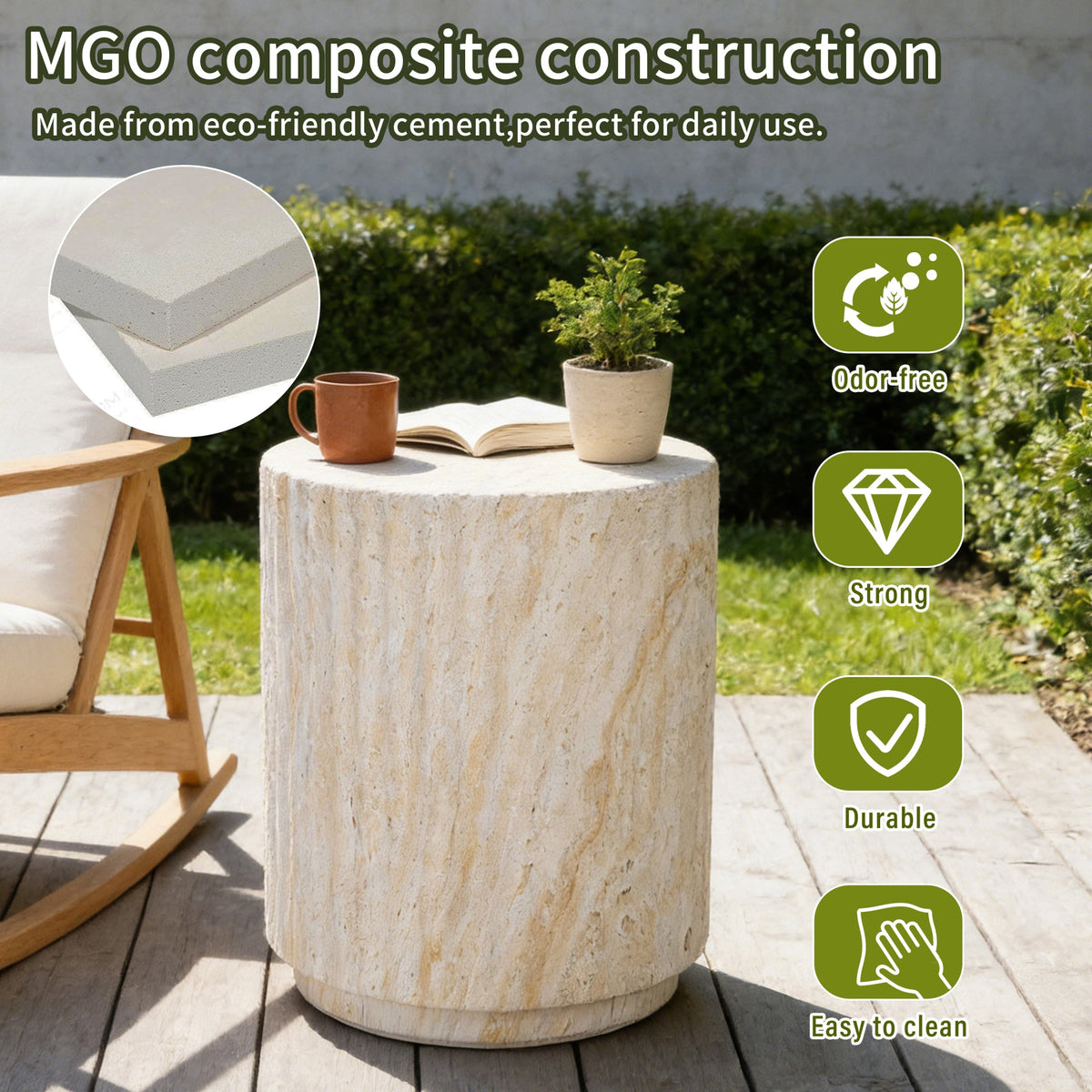 Roomfitters Modern Cylinder Wave Outdoor Side Table, Round Plant Stand, Beige MgO Patio End Table, Ripple Design Roomfitters