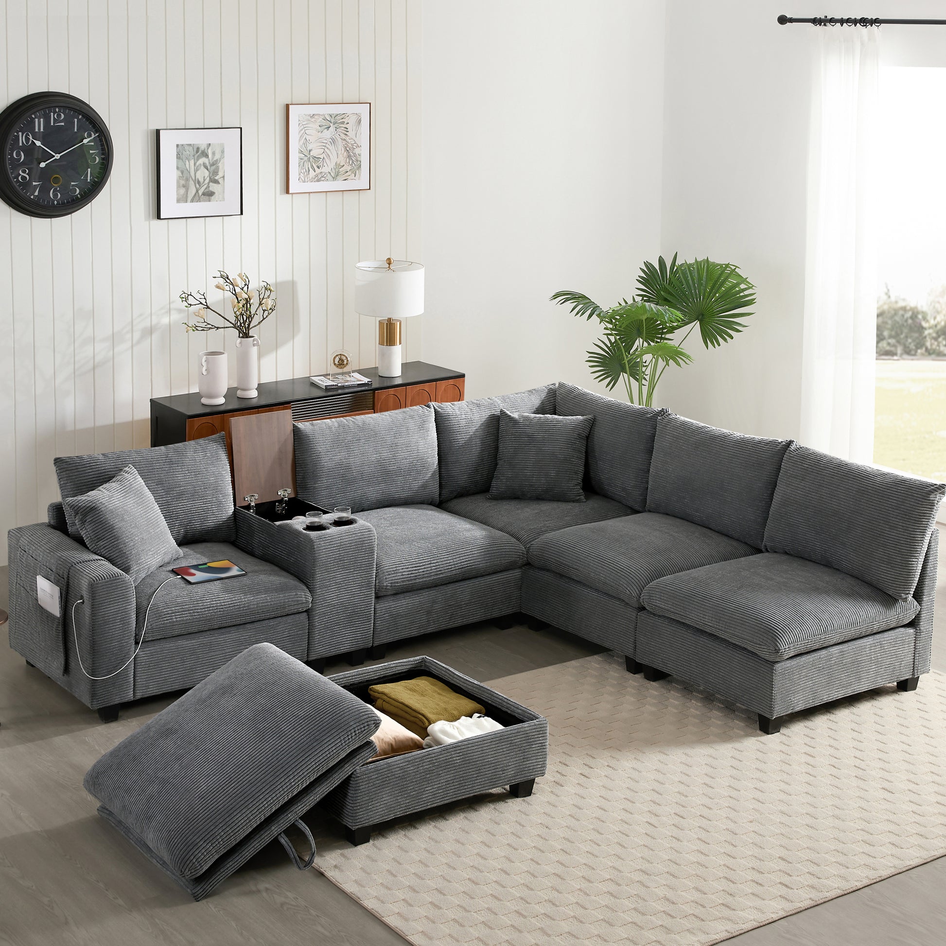 variant-group:rf-n723s1166e|Roomfitters 139 Inch U-Shaped Modular Sectional Sofa with Storage Console, Cup Holders and USB Ports for Living Room, Gray