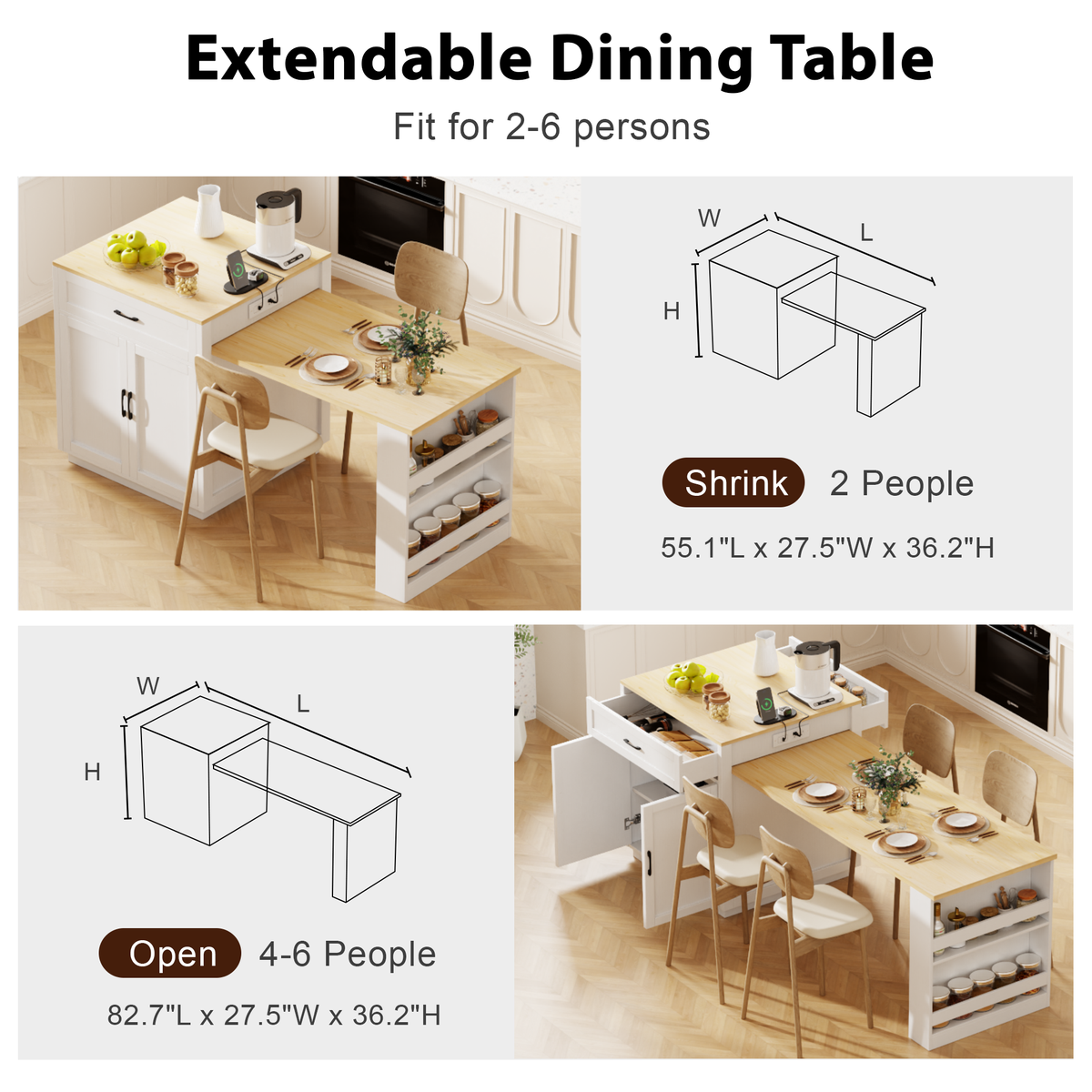 variant-group:rf-n707s000010w|Roomfitters 82.7" Kitchen Island with Extendable Table, Two-Tone Design, Double Storage, Power Outlet, White
