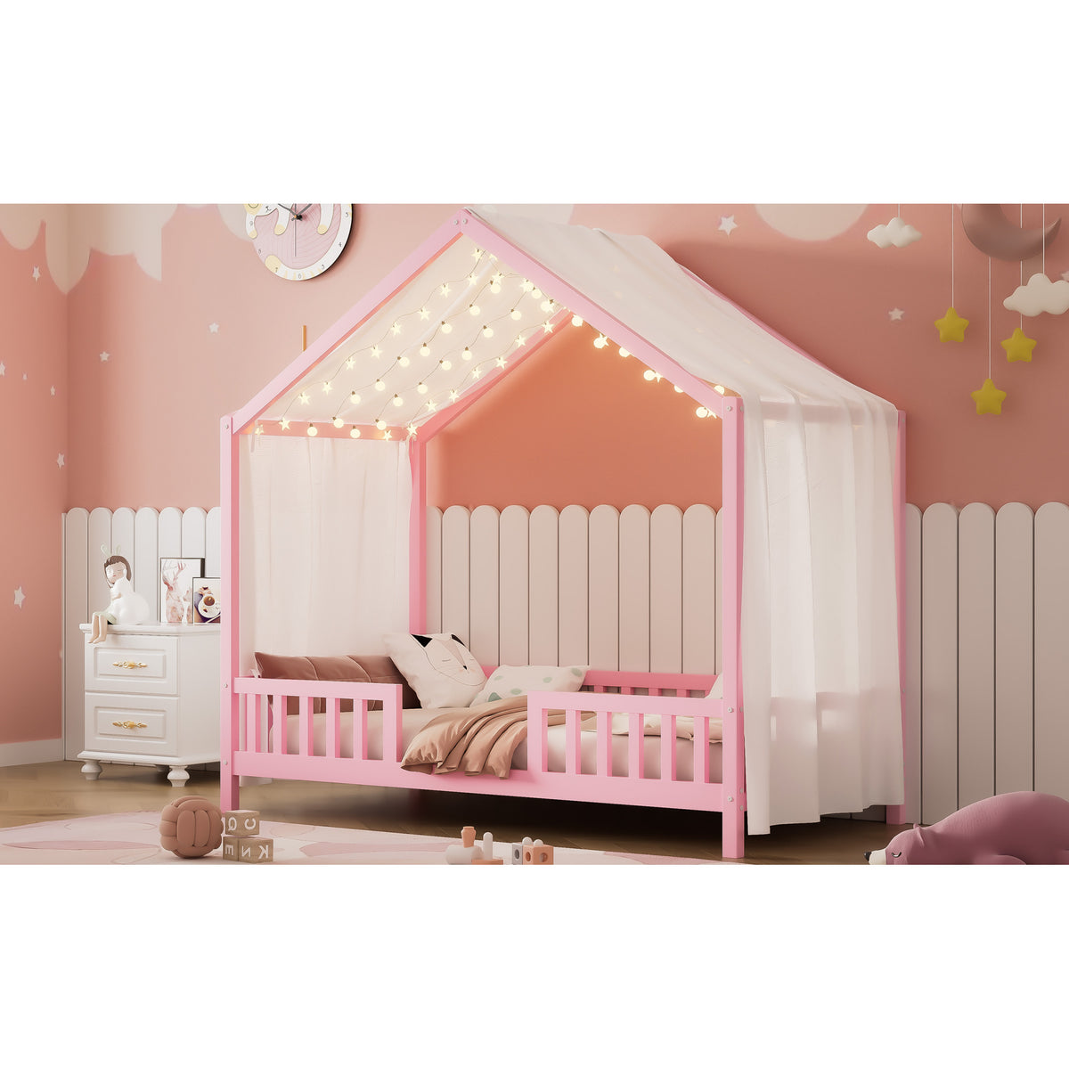 variant-group:rf-n733p356043h|Roomfitters Twin Montessori Floor Bed with Canopy, House Shape Wood Frame with Safety Rails, Youth Platform Bed, Pink