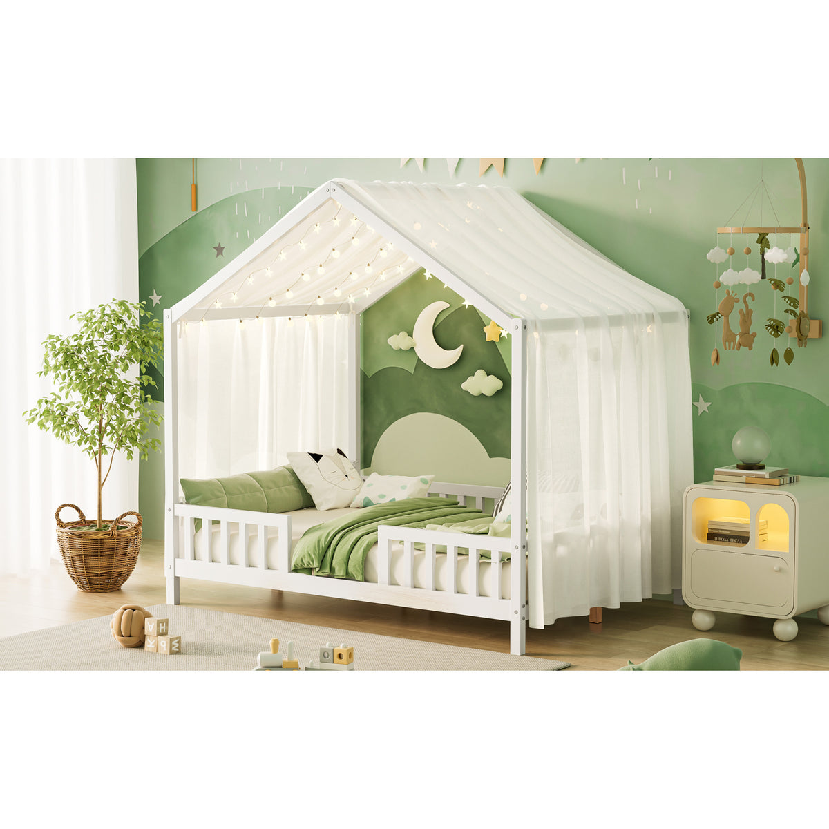variant-group:rf-n733p356048k|Roomfitters Full Montessori Floor Bed with Canopy, House Shape Wood Frame with Safety Rails, Platform Bed, White
