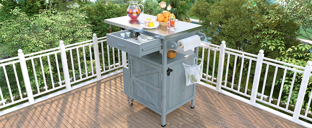 variant-group:rf-n707p228272g|Roomfitters 40.5" Outdoor Grill Cart with Stainless Steel Top, Wood Storage Cabinet, Drop Leaf, Rolling Cart, Blue Grey
