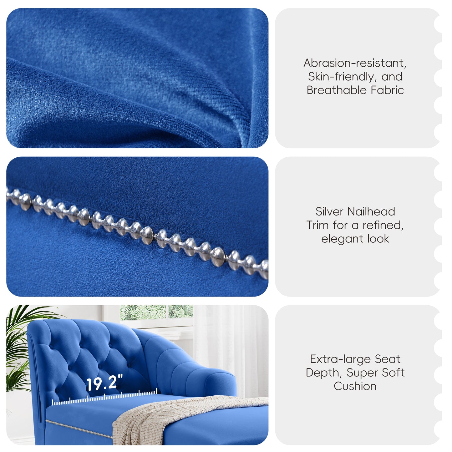 Roomfitters 58 Inch Fainting Couch, Velvet Upholstered Chaise Lounge Sofa with Button-Detailed Back & Nailhead Trim, Blue